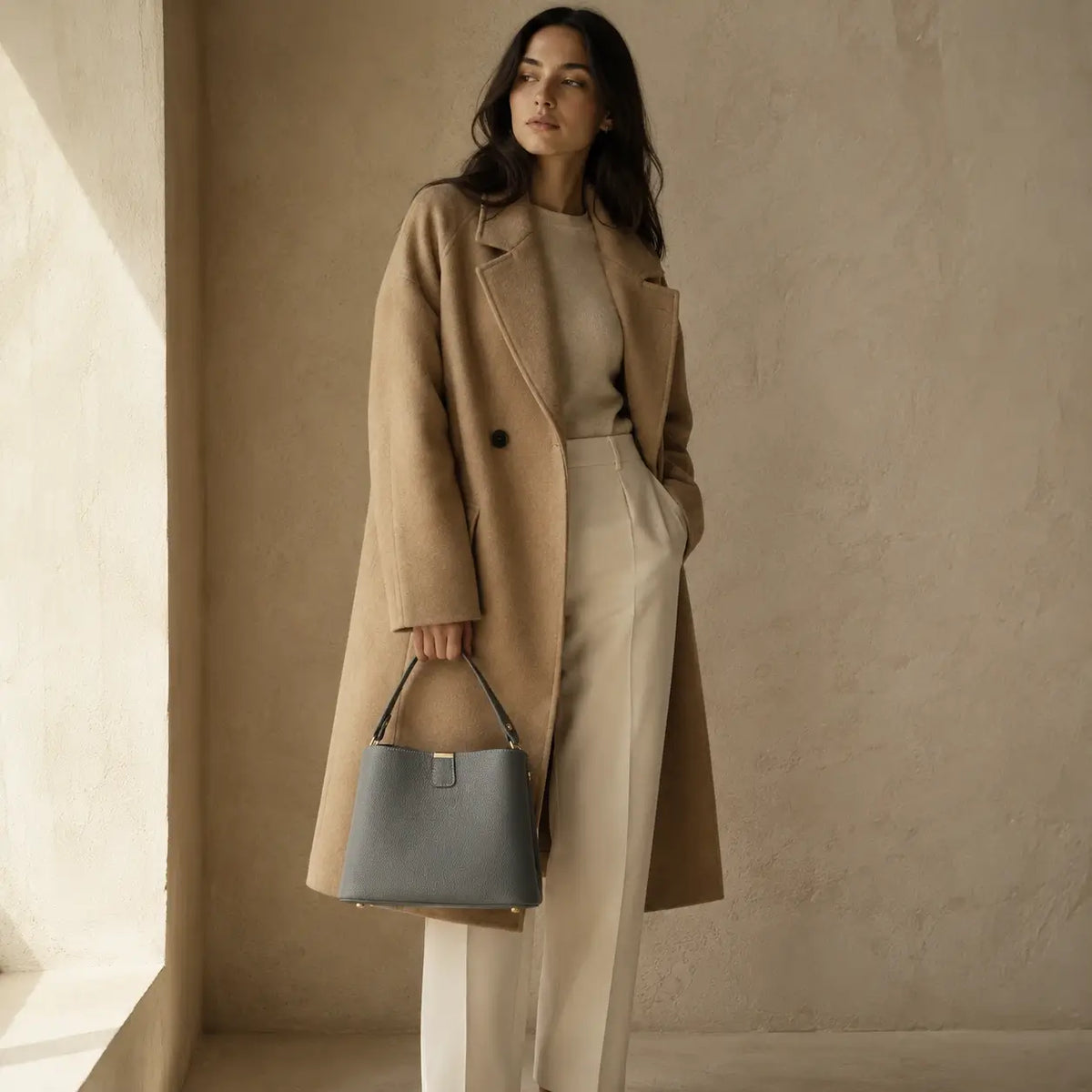 Modelo feminina com casaco camel oversized e calça creme segurando a Bolsa de Mão em Couro Elara Cinza pela alça em ambiente de paredes claras