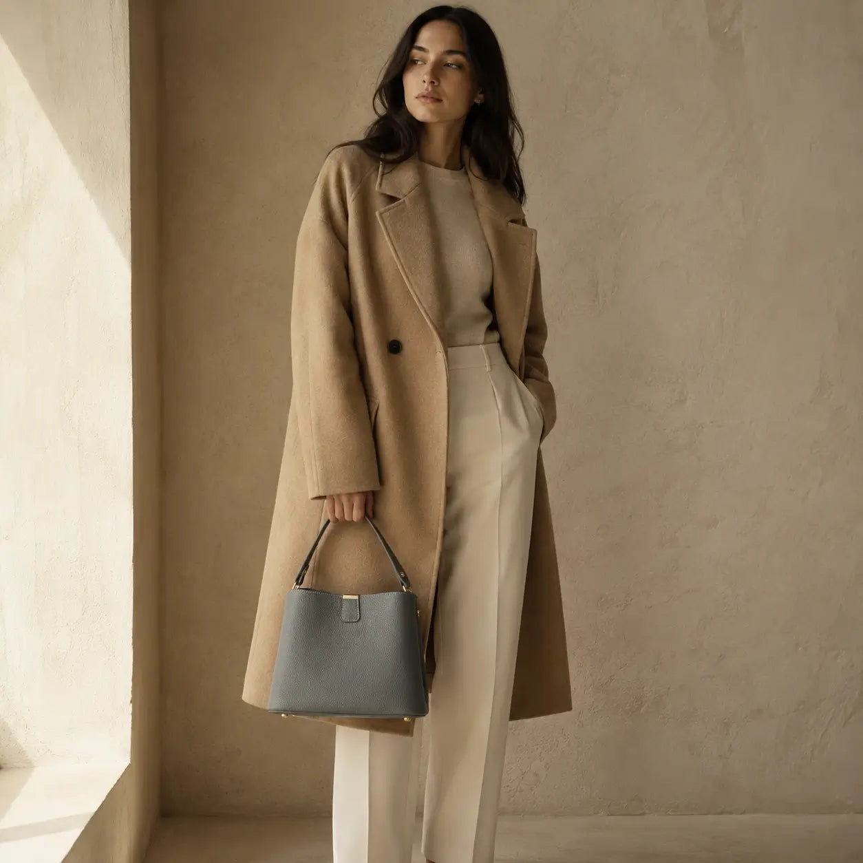 Modelo feminina com casaco camel oversized e calça creme segurando a Bolsa de Mão em Couro Elara Cinza pela alça em ambiente de paredes claras