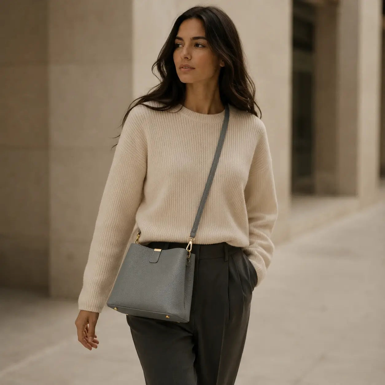 Modelo feminina caminhando em ambiente urbano com suéter bege usando a Bolsa de Mão em Couro Elara Cinza no modo crossbody com alça transversal