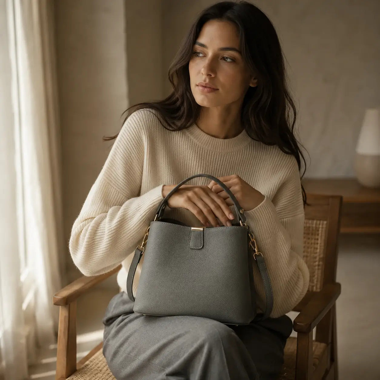 Modelo feminina sentada em cadeira de madeira com suéter creme segurando a Bolsa de Mão em Couro Elara Cinza no colo com alça de mão