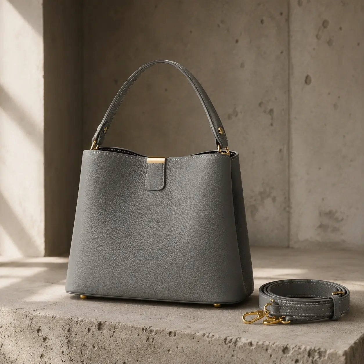 Bolsa de Mão em Couro Elara Cinza apoiada em superfície de concreto com alça transversal ao lado, ferragens douradas e luz natural lateral