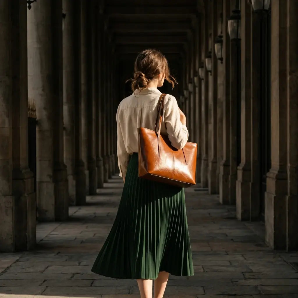 Modelo de costas caminhando por galeria de colunas parisienses carregando bolsa tote grande de couro caramelo no ombro com saia verde