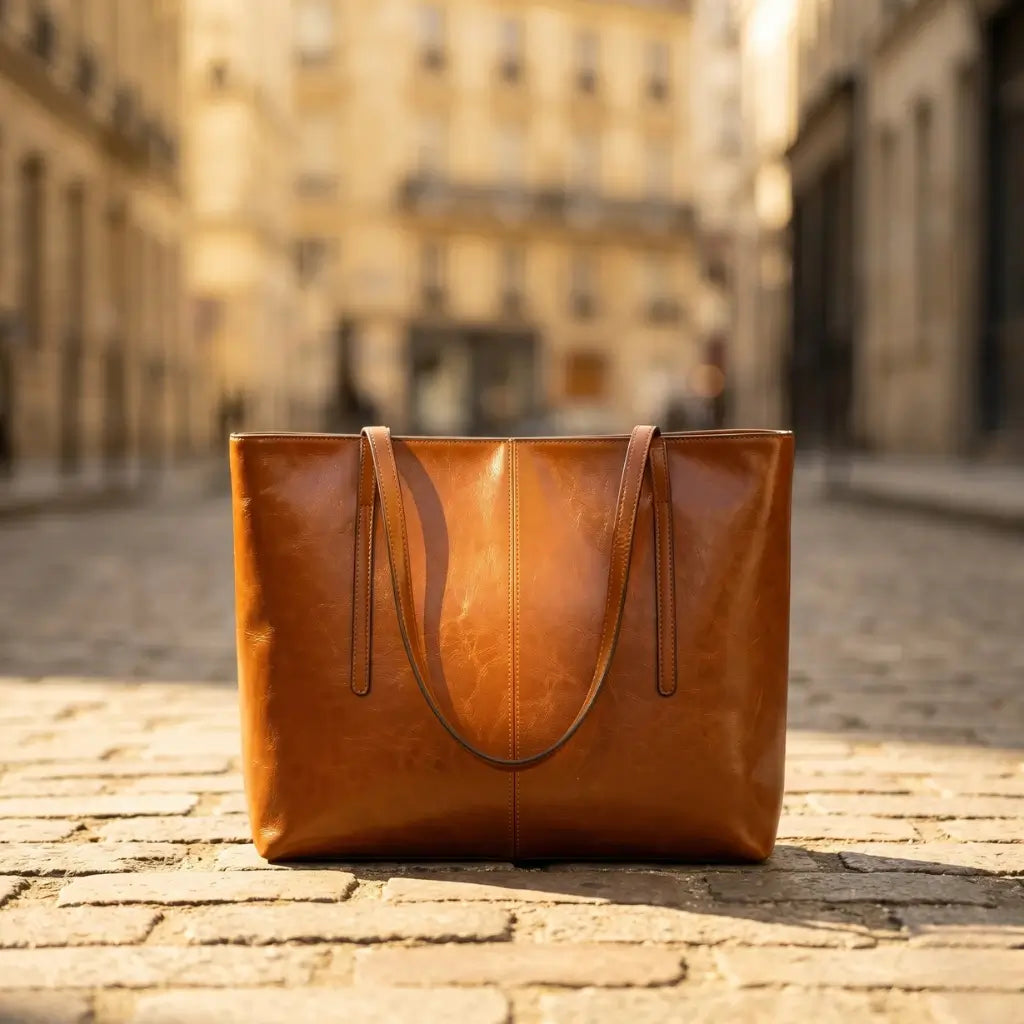 Bolsa tote grande de couro caramelo oil wax apoiada em calçada de paralelepípedos em Paris com fachadas haussmannianas desfocadas ao fundo
