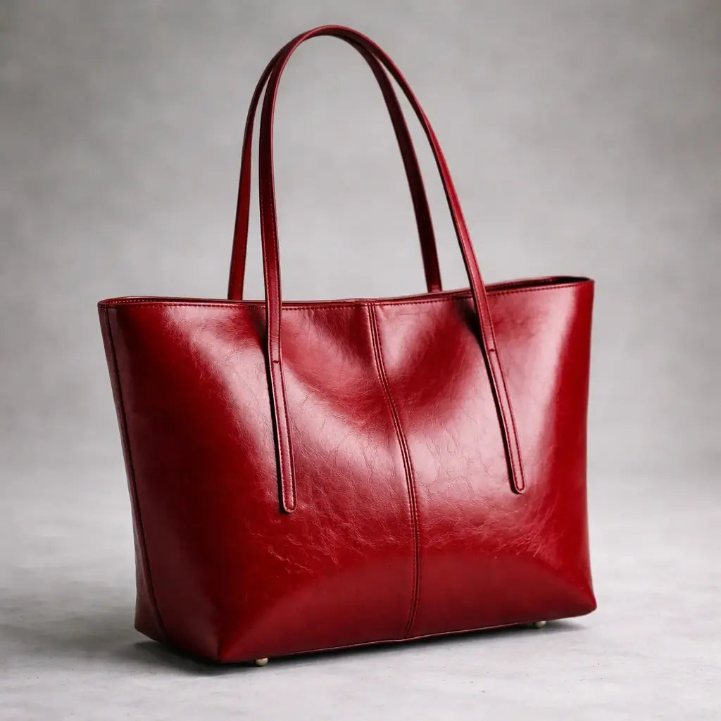 Bolsa tote feminina  em couro texturizado na cor vermelho tomate, vista lateralmente em um fundo cinza.