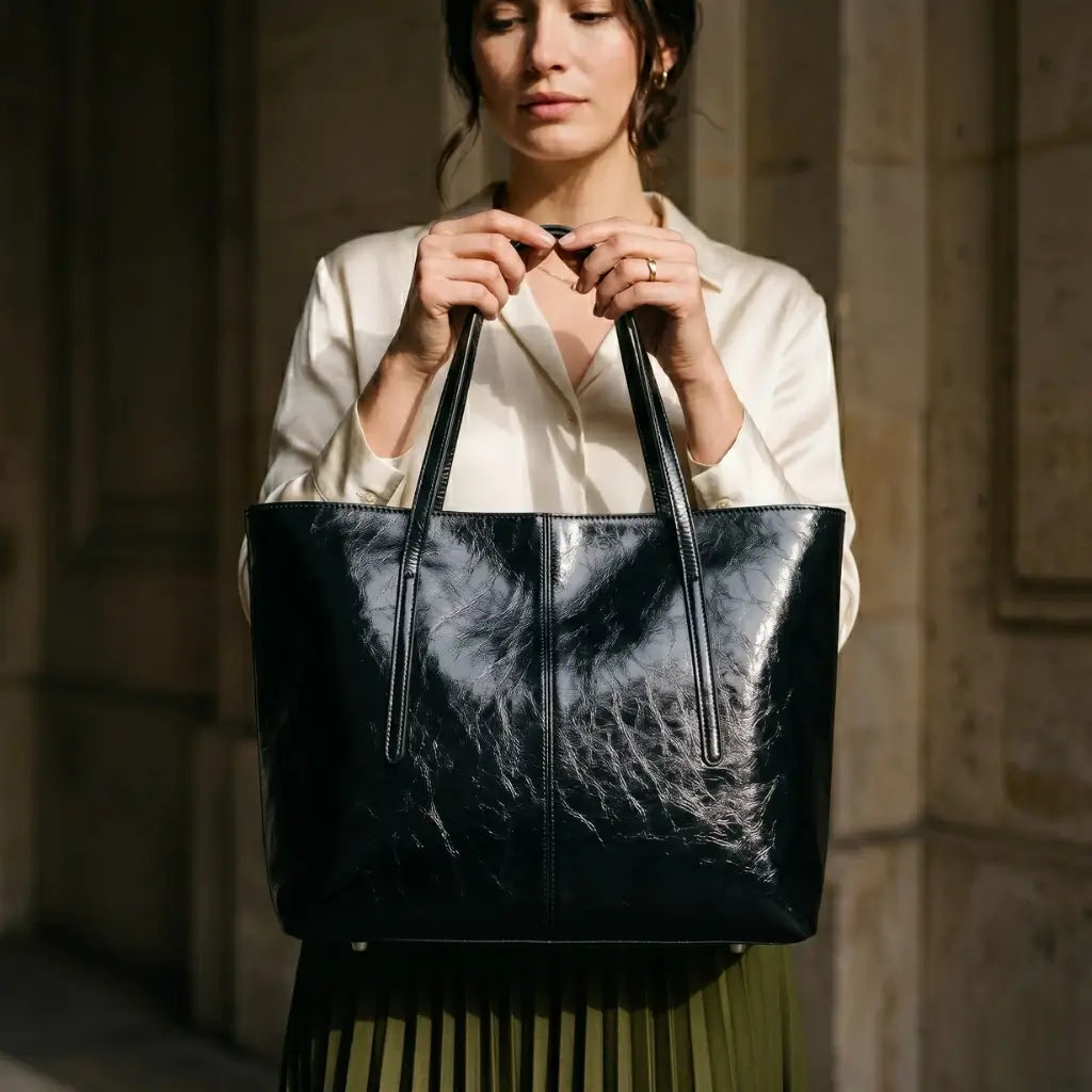 Detalhe de mãos femininas segurando bolsa tote grande de couro preto com saia plissada verde oliva ao fundo em Paris