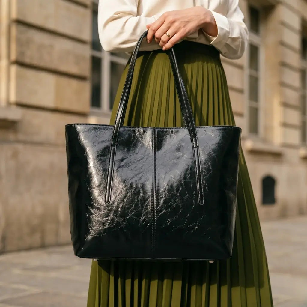Close em bolsa tote grande de couro preto oil wax com modelo de blusa marfim e saia verde oliva entre colunas de pedra parisienses
