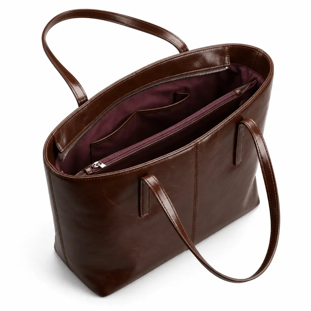 Interior vinho da Bolsa Tote Élise Coffee com bolsos e divisão central com zíper