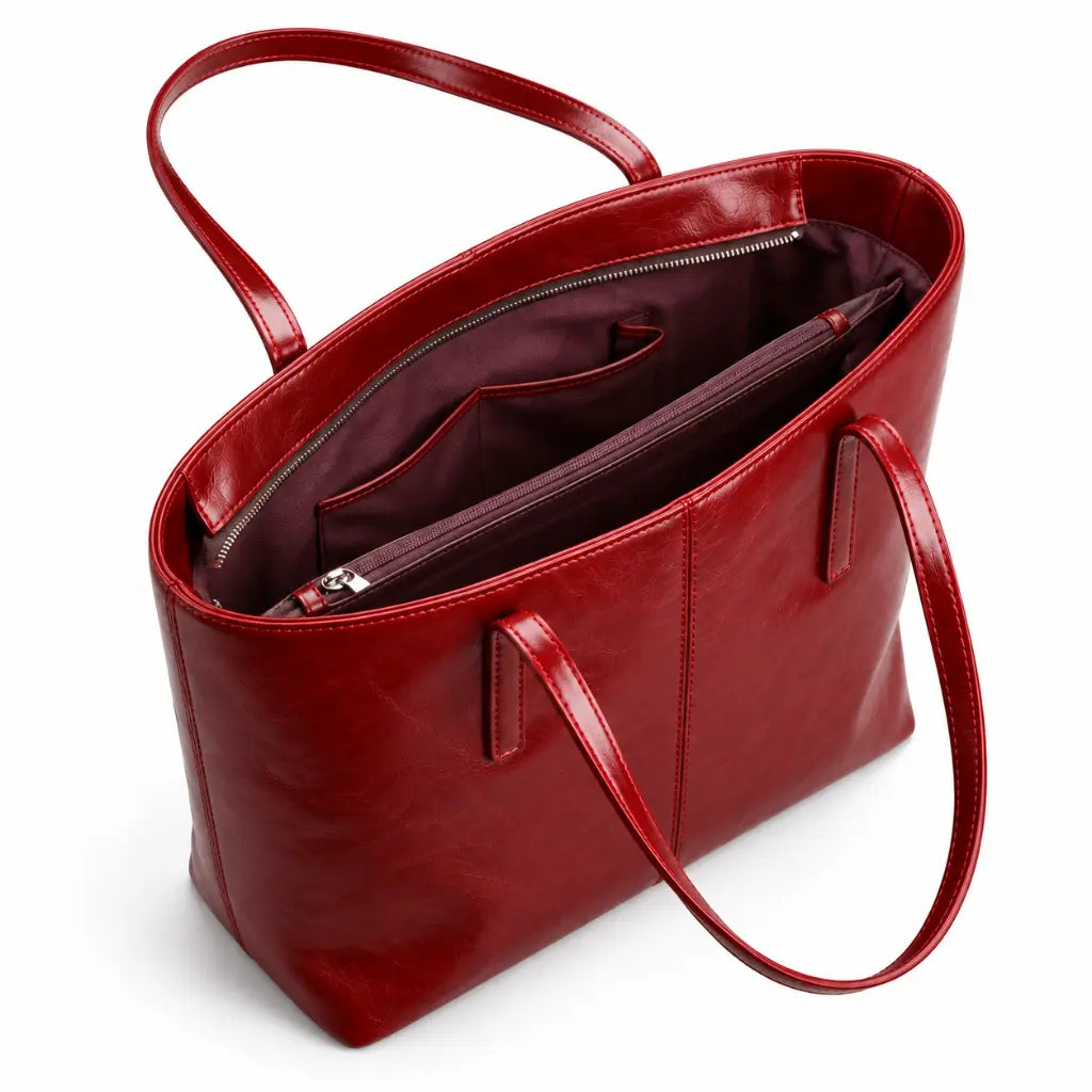 Interior vinho da Bolsa Tote Élise Red com bolsos e divisão central com zíper