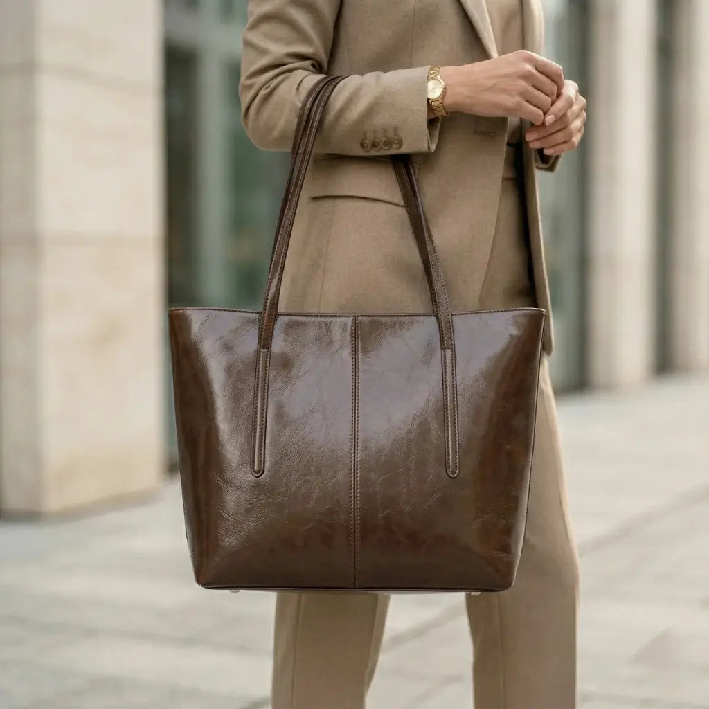 Close-up da Bolsa Tote Élise marrom café sendo carregada no ombro por modelo com blazer bege.