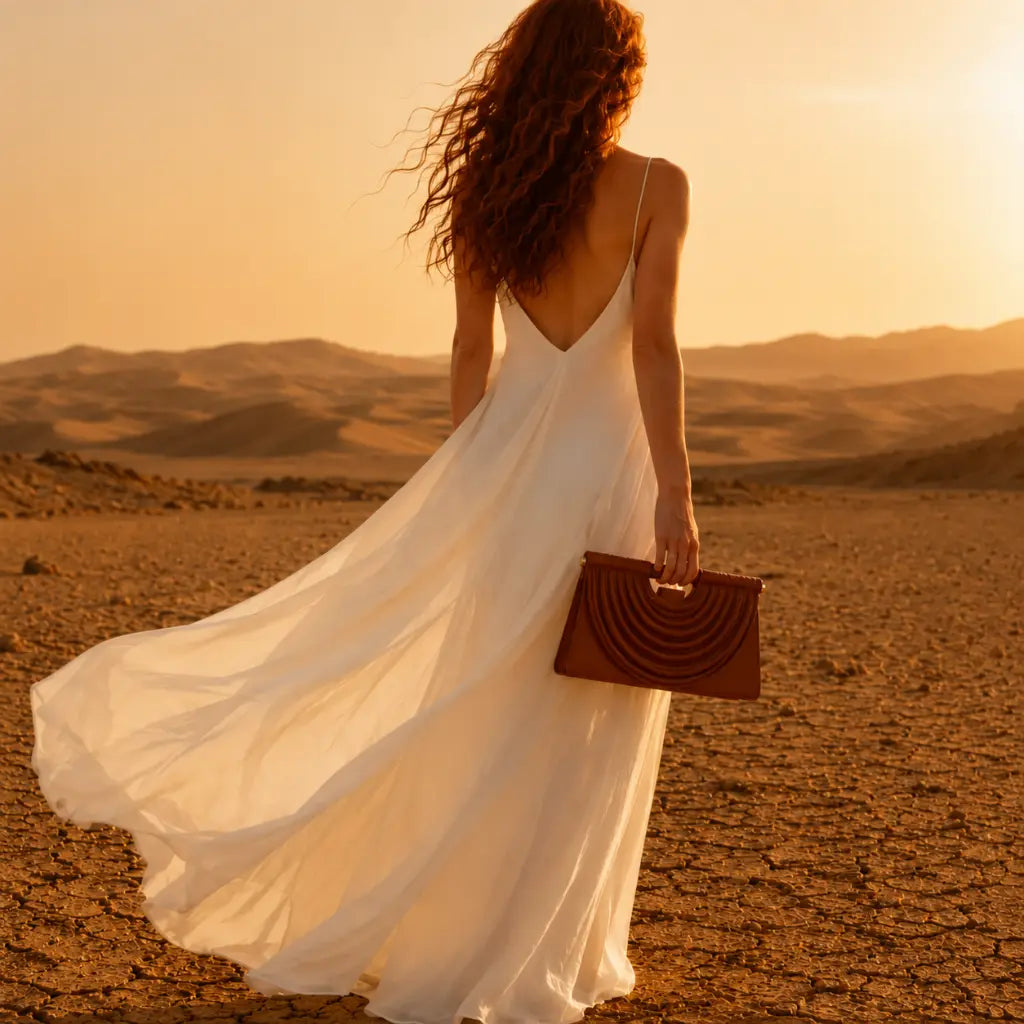 Bolsa Trançada Maya Marrom - Modelo de Costas no Deserto Vestido Branco - Nualle