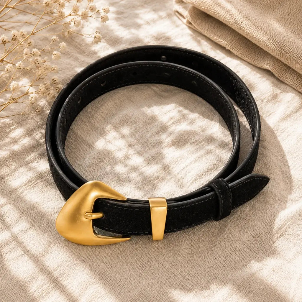 Cinto Feminino Preto de Camurça Fivela Dourada - Enrolado Flat Lay Linho Flores Secas - Nualle