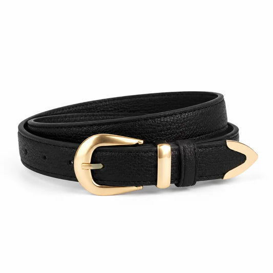Cinto feminino preto com fivela dourada em fundo branco - Nualle