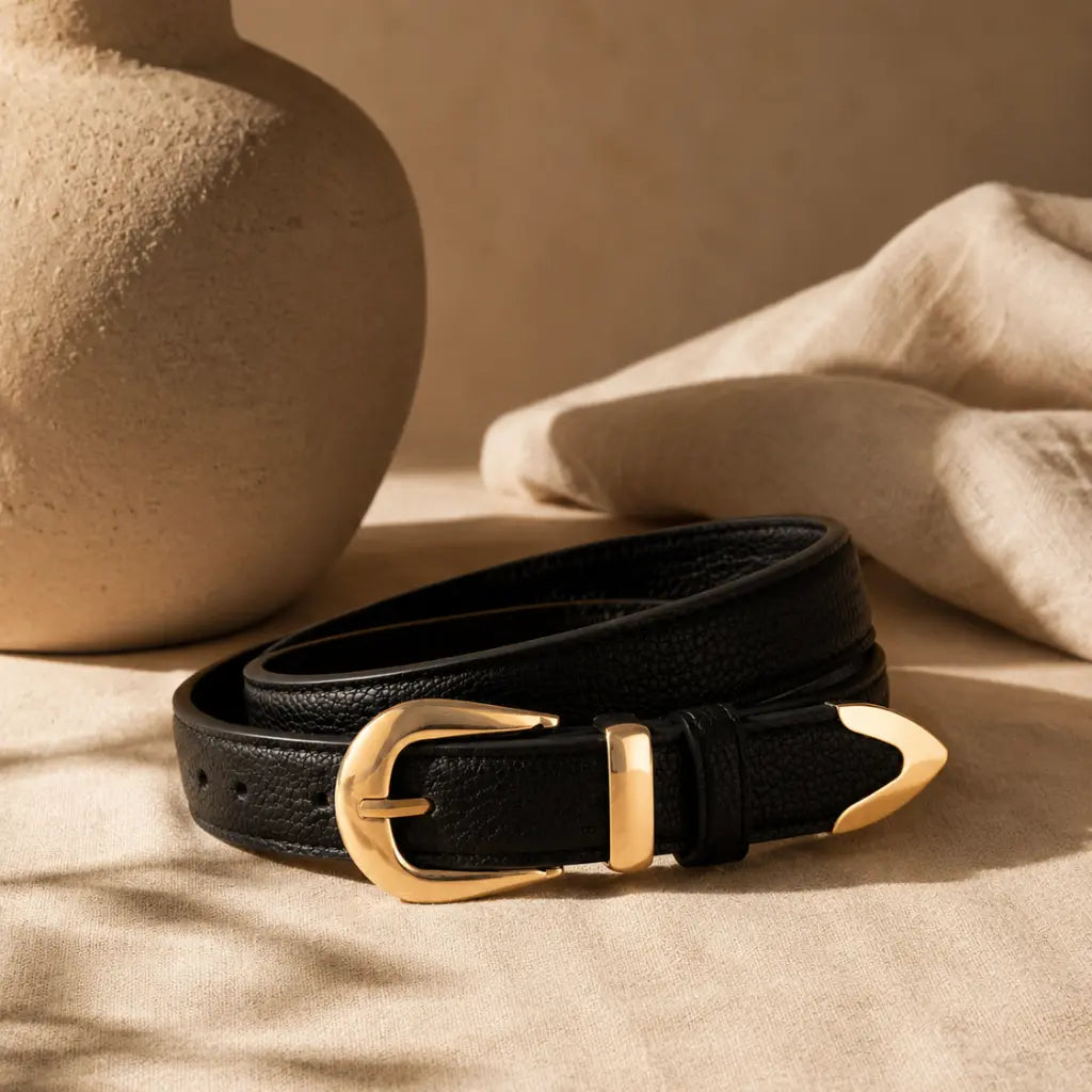 Cinto feminino preto com fivela dourada sobre linho bege ao lado de vaso de cerâmica