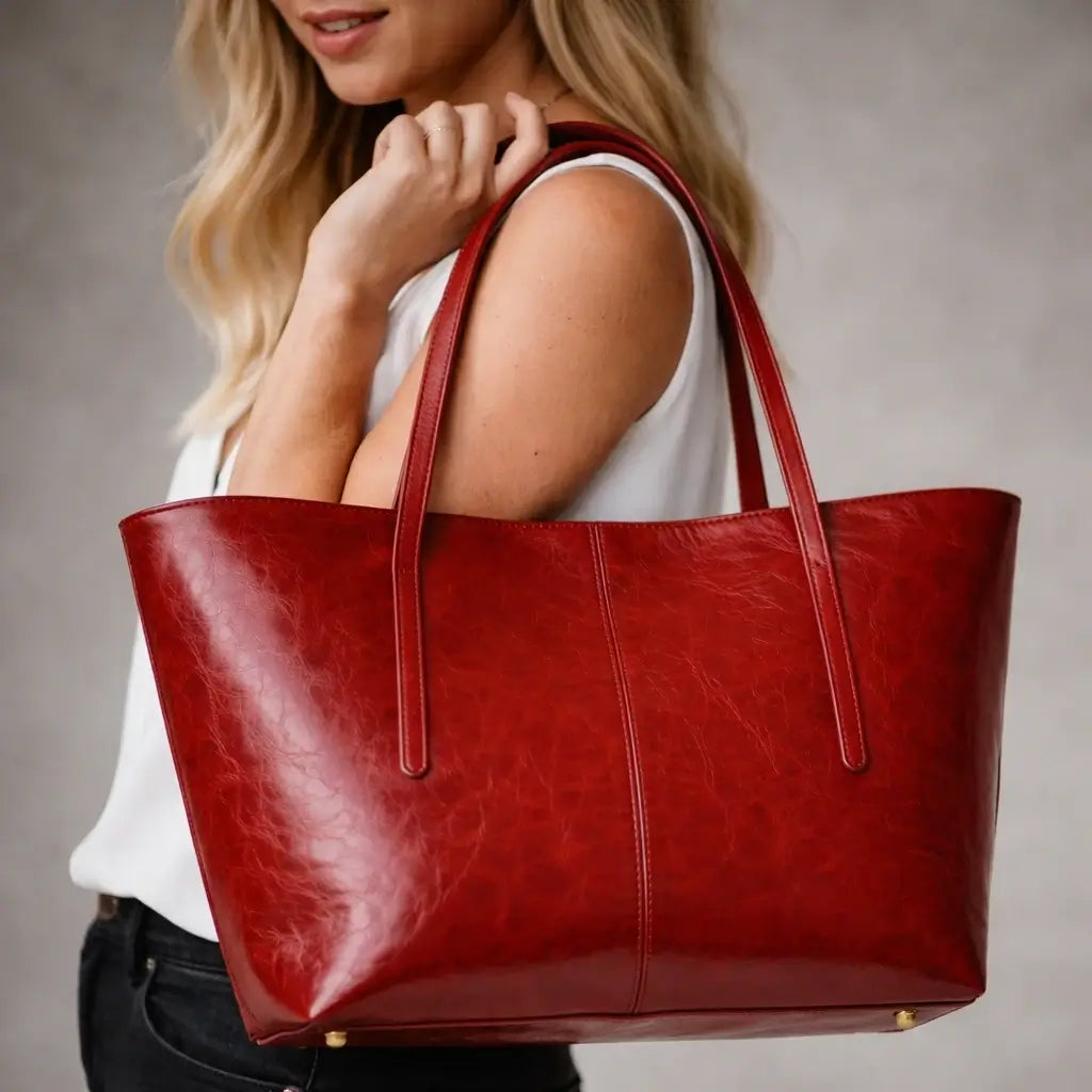 tote-vermelha-nualle.jpg	Uma modelo loira de blusa branca carrega uma bolsa tote Nualle em couro vermelho tomate no ombro, em um ambiente de estúdio.