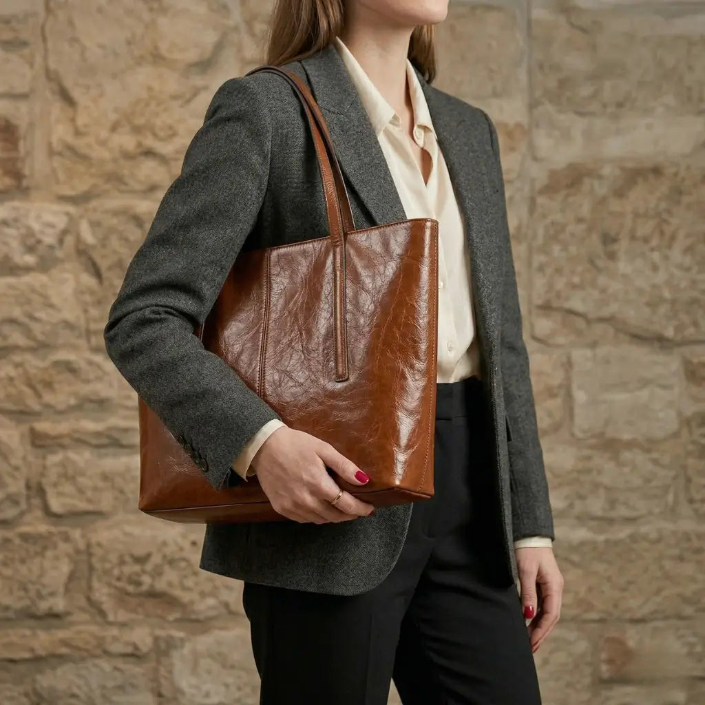 Modelo feminina vestindo blazer cinza e camisa clara, segurando uma bolsa tote de couro marrom Nualle em um ambiente de escritório de luxo.
