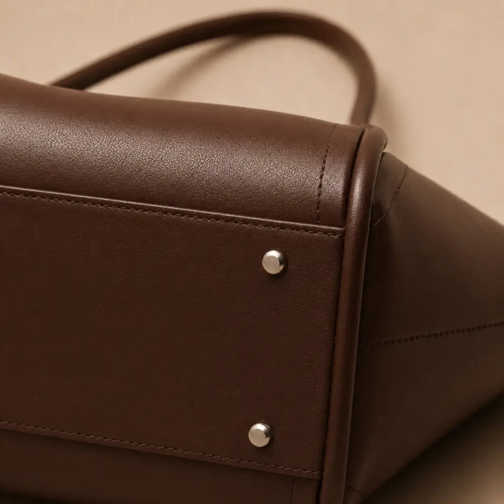 Detalhe da base da Bolsa Tote Zoé Coffee — pés metálicos prateados e costura reforçada