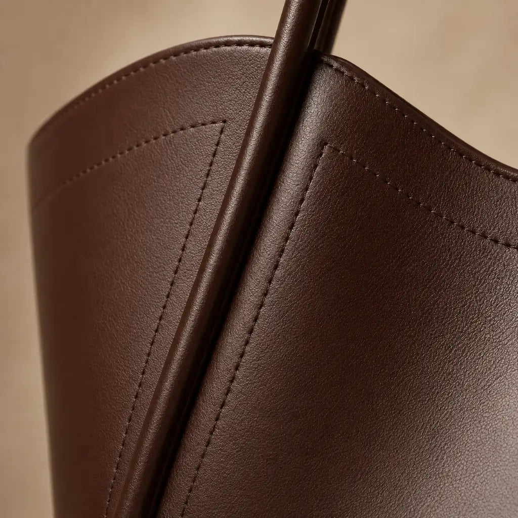 Detalhe close-up da textura e costura artesanal do couro legítimo Bolsa Zoé Coffee