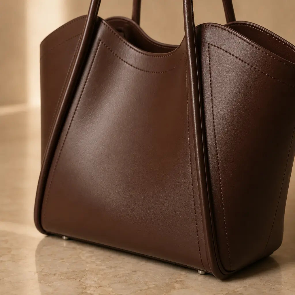 Bolsa Tote Zoé Coffee em Couro — vista lateral sobre mármore com iluminação natural